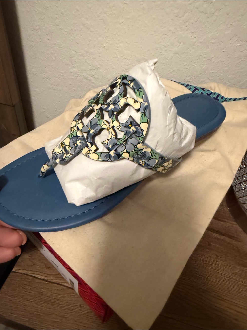 Tory Burch Blue Floral Miller Thong Sandals